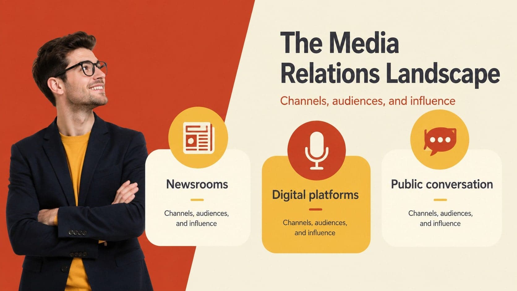 Media relations strategy presentation slide introducing channels, audiences, and influence.