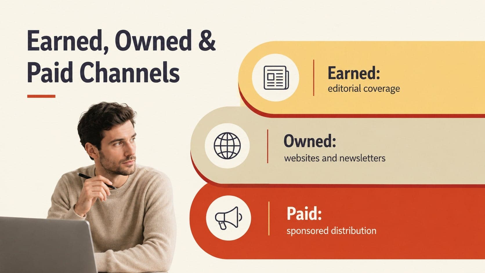 Earned owned paid media presentation slide comparing three communication channel types.