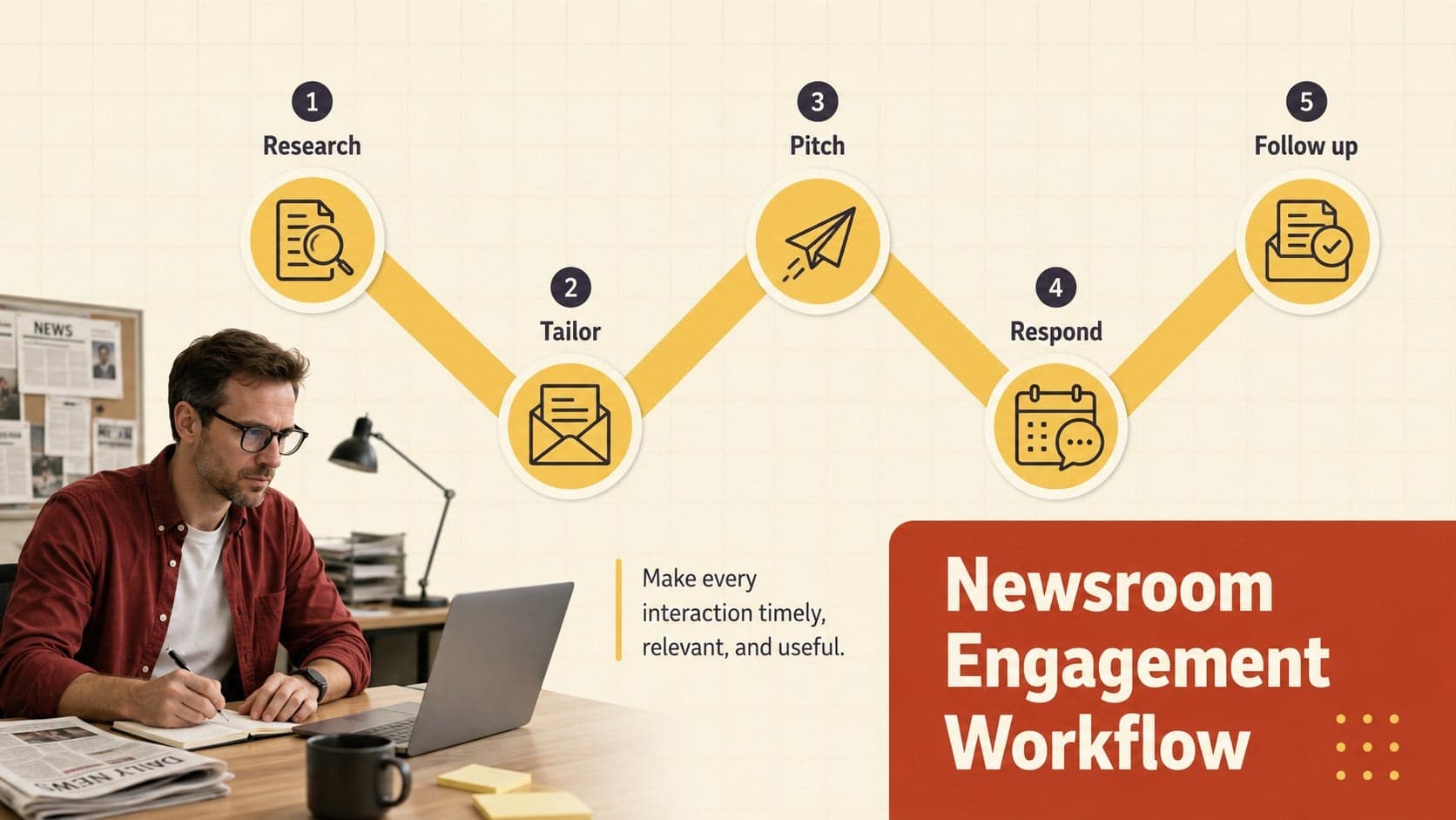 Press outreach planning slide showing a newsroom engagement workflow from research to follow-up.