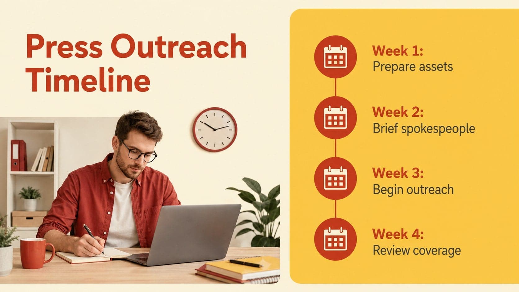Public relations channel planning template slide with a four-stage press outreach timeline.