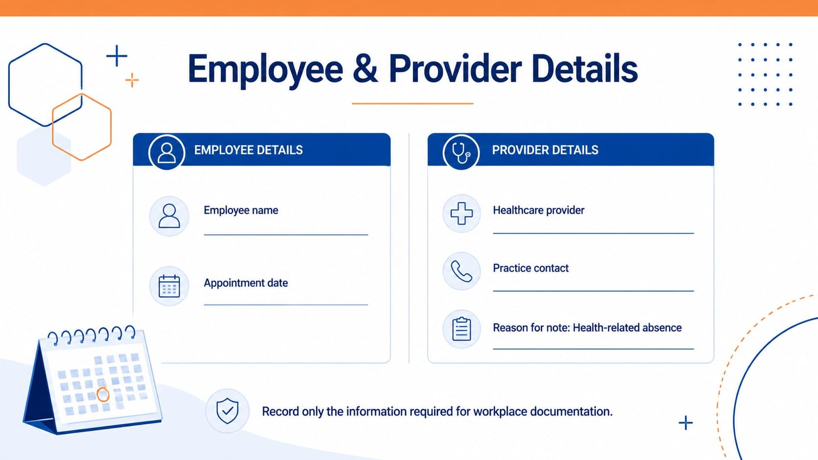 Editable employee absence form slide with provider information and medical visit fields in a blue-orange design.