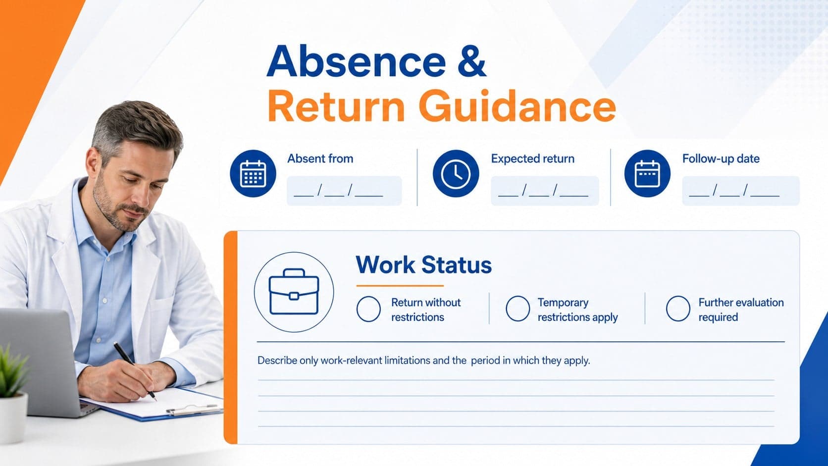 Return to work medical note slide showing absence dates, expected return date, and temporary restrictions.