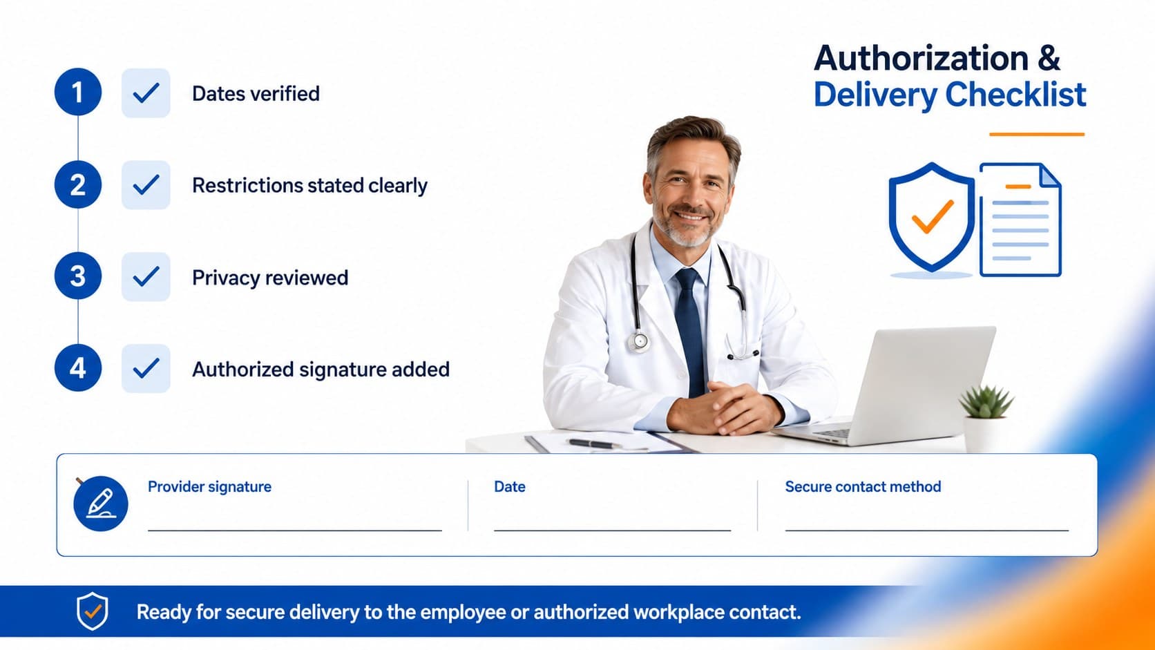 Medical absence note authorization checklist with signature, privacy, accuracy, and delivery confirmation items.
