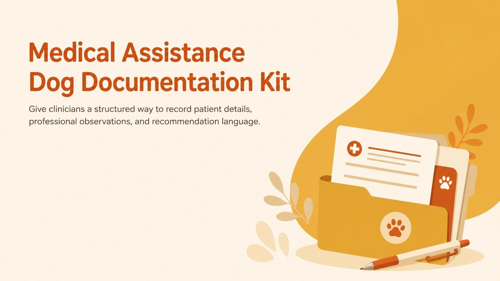 Cover of a medical assistance dog documentation kit with warm clinical illustrations in yellow, orange, and beige.