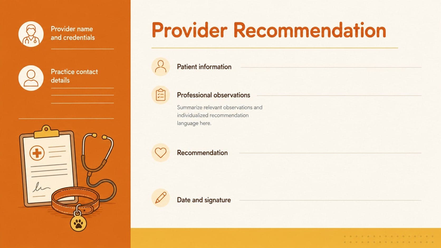 Editable healthcare provider assistance dog letter layout with fields for patient details, clinical observations, and provider credentials.