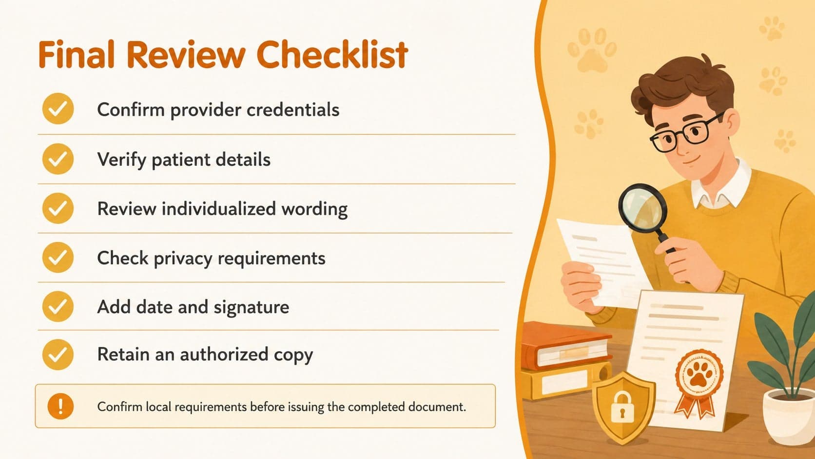 Assistance dog recommendation checklist reviewing credentials, patient information, wording, privacy, and signature requirements.