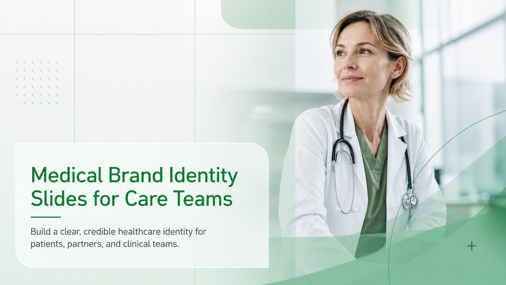 Cover for Medical Brand Identity Slides for Care Teams with a clean green clinical design.
