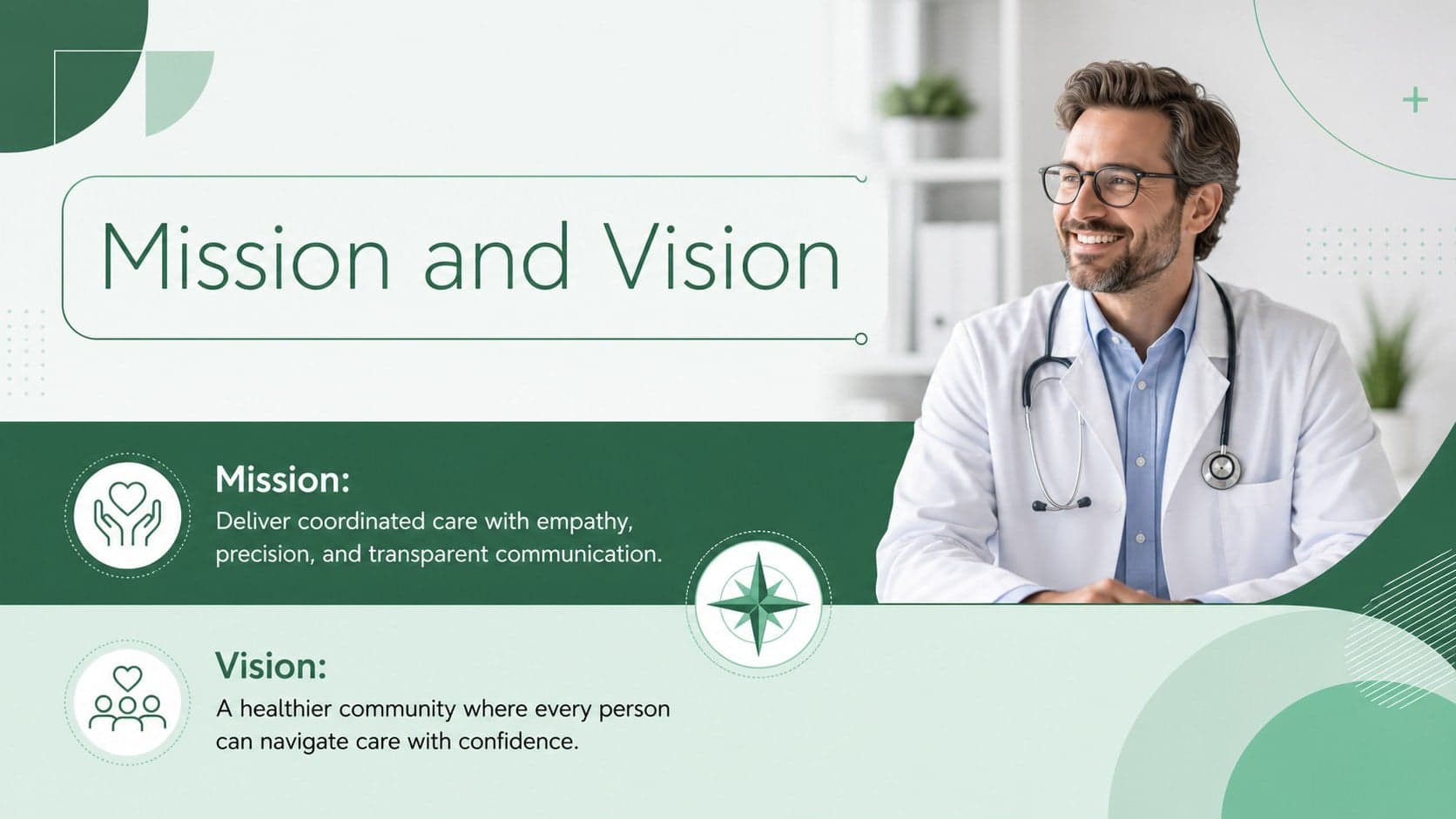 Mission and vision layout for medical brand identity slides using green geometric panels.
