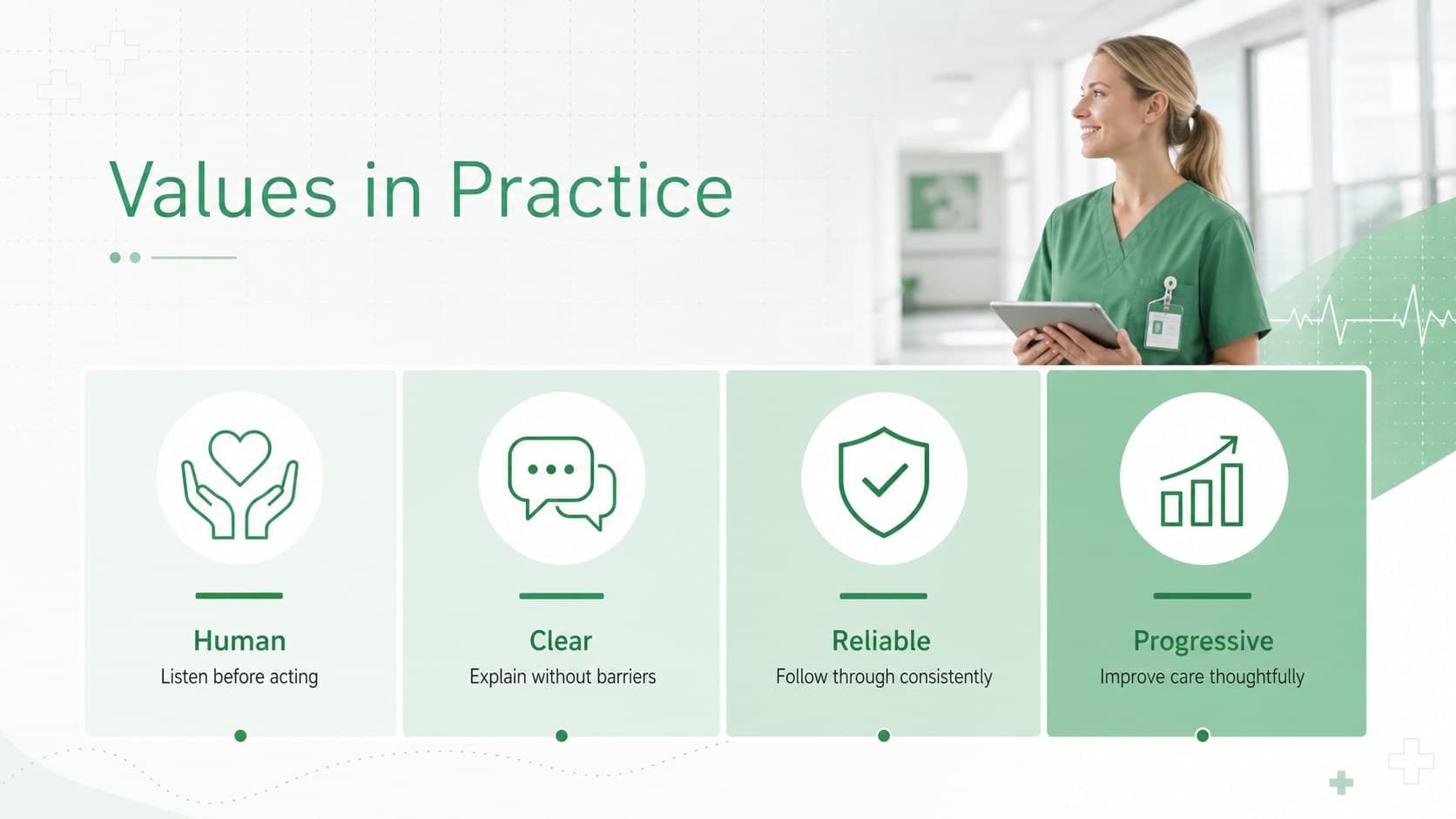 Core healthcare brand values shown as four minimalist green principles with concise descriptions.