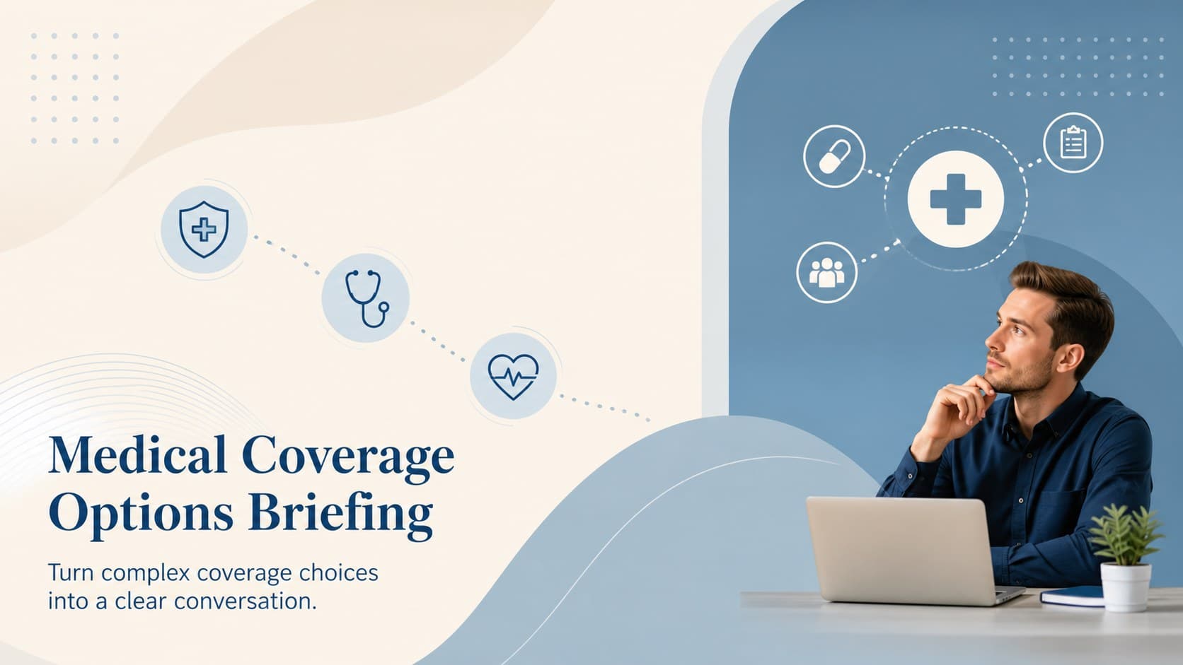 Beige and blue cover for a Medical Coverage Options Briefing with clean healthcare graphics.