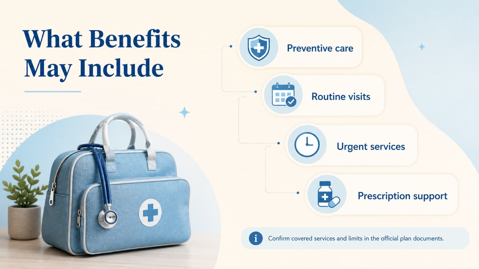 Employee benefits slide summarizing preventive, routine, urgent, and prescription coverage.
