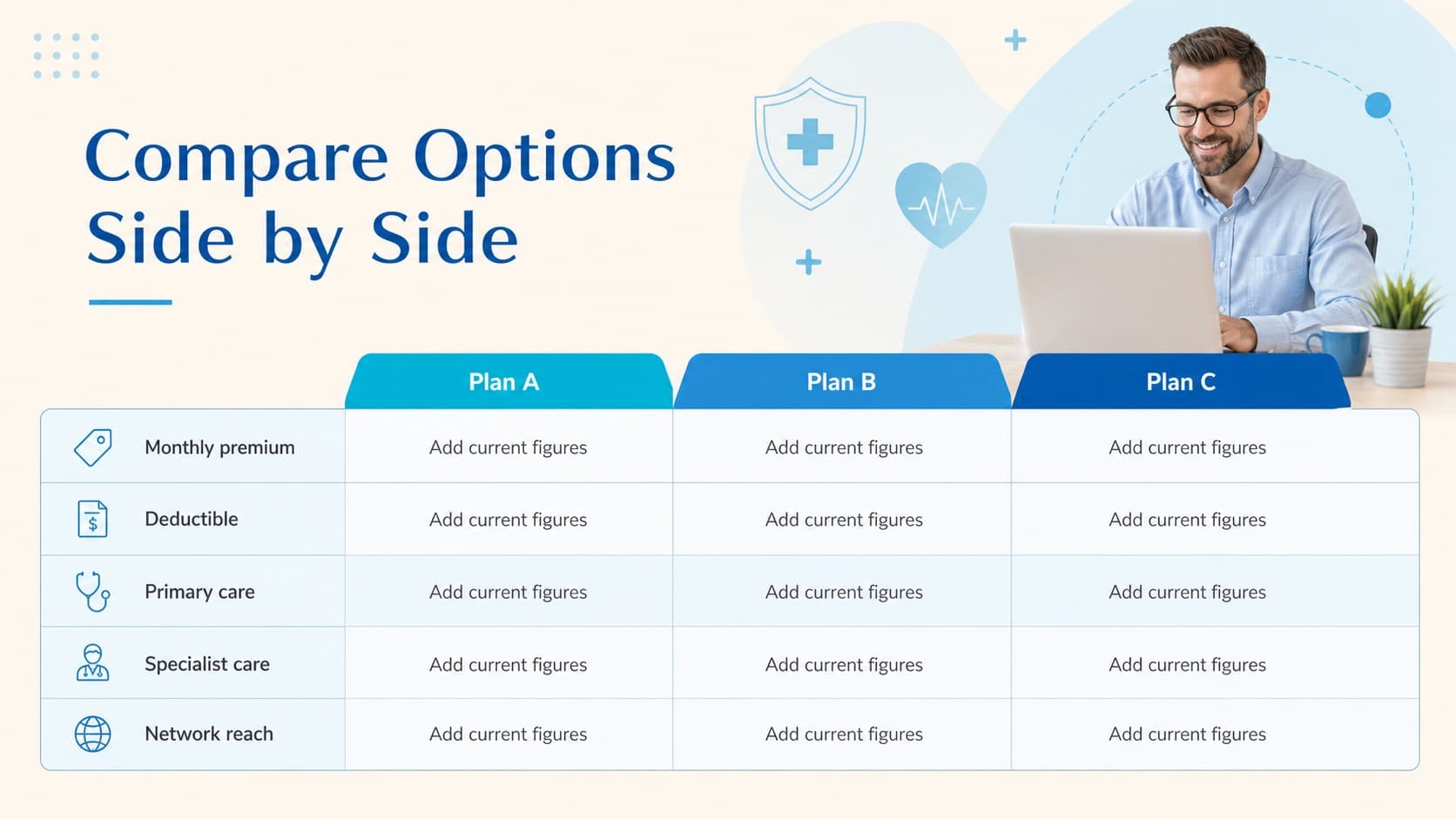 Client health coverage comparison deck slide with an editable three-plan comparison table.