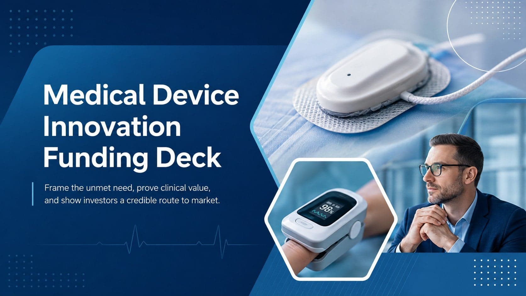 Cover of a blue medical device innovation funding deck with modern clinical technology graphics.