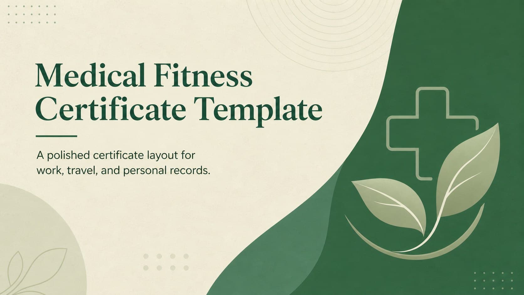 Cover of a beige and green Medical Fitness Certificate Template for professional health clearance documentation.