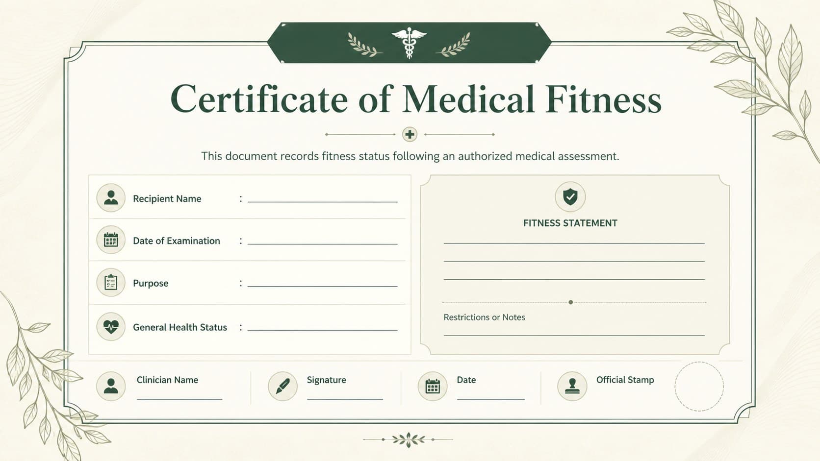 Editable medical fitness certificate form with fields for health status, examination details, and clinician authorization.