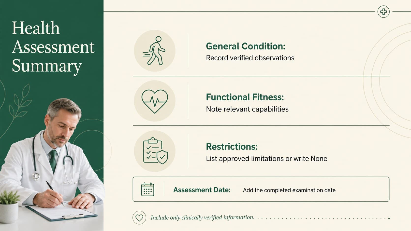Health assessment summary slide for an occupational fitness assessment template in beige and green.