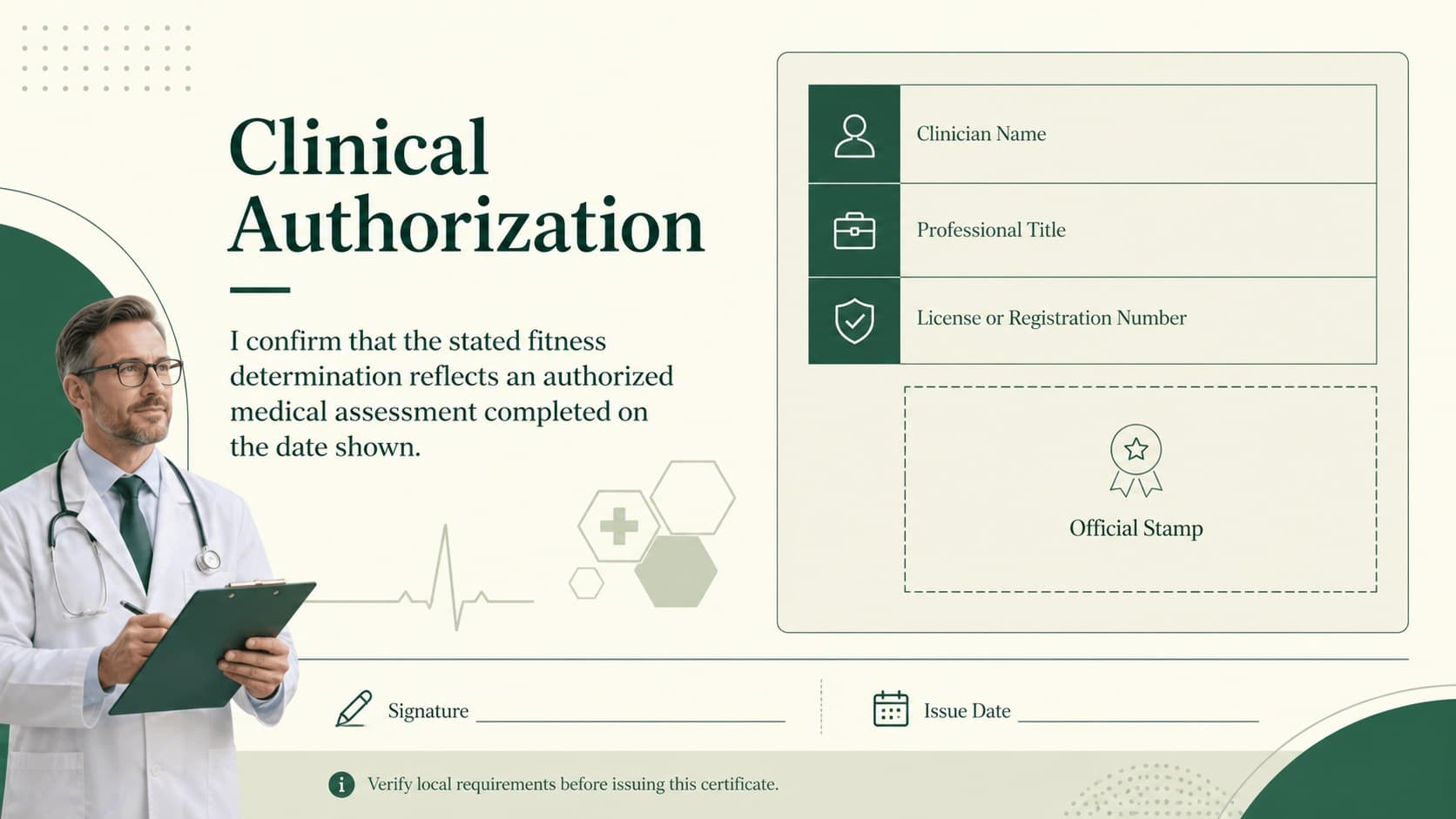 Clinician authorization page completing a professional health clearance template with signature and stamp areas.