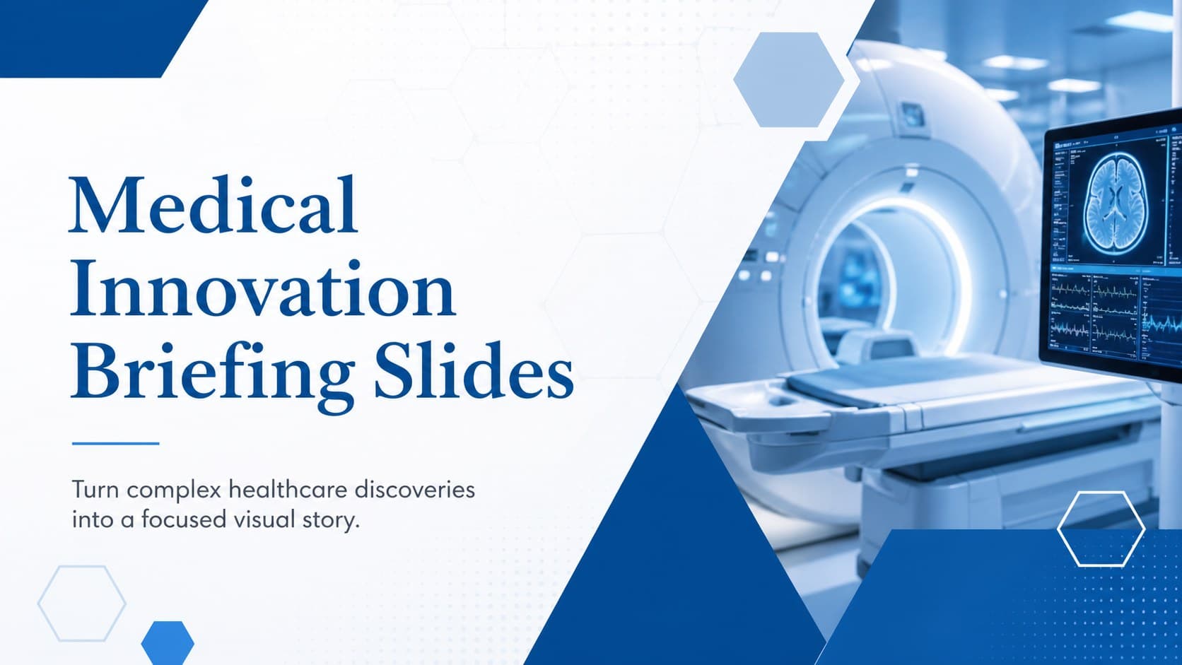 Cover slide for a medical innovation presentation template with a clean blue-and-white scientific design.