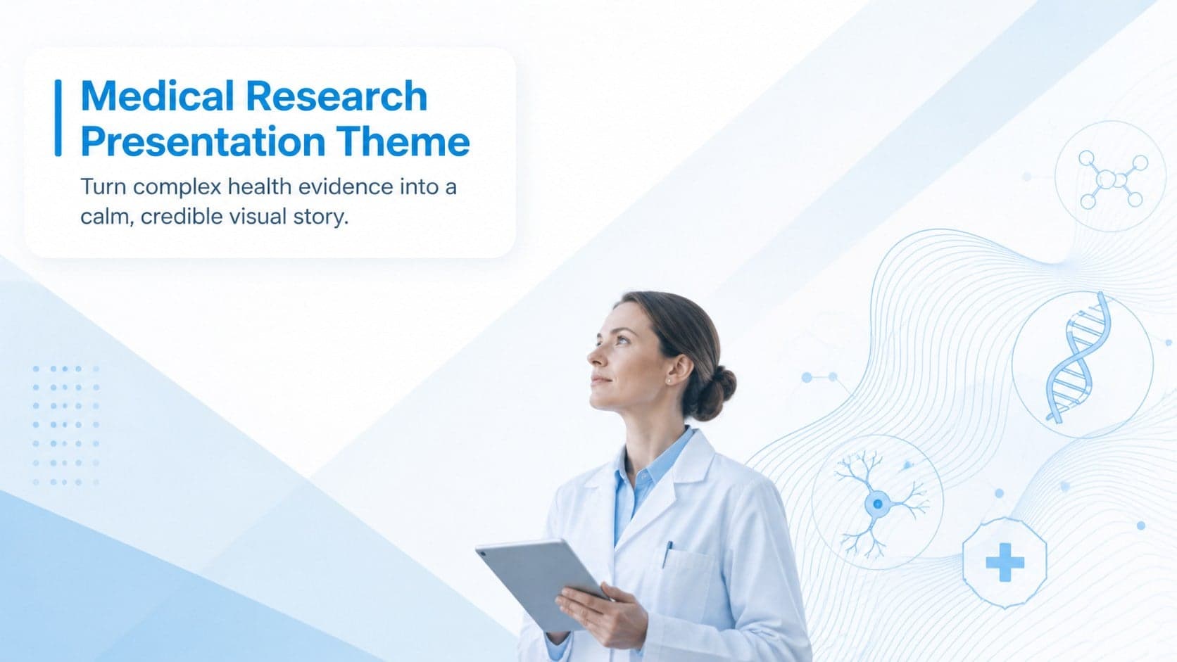 Cover of the Medical Research Presentation Theme with clean blue anatomy graphics on a white background.