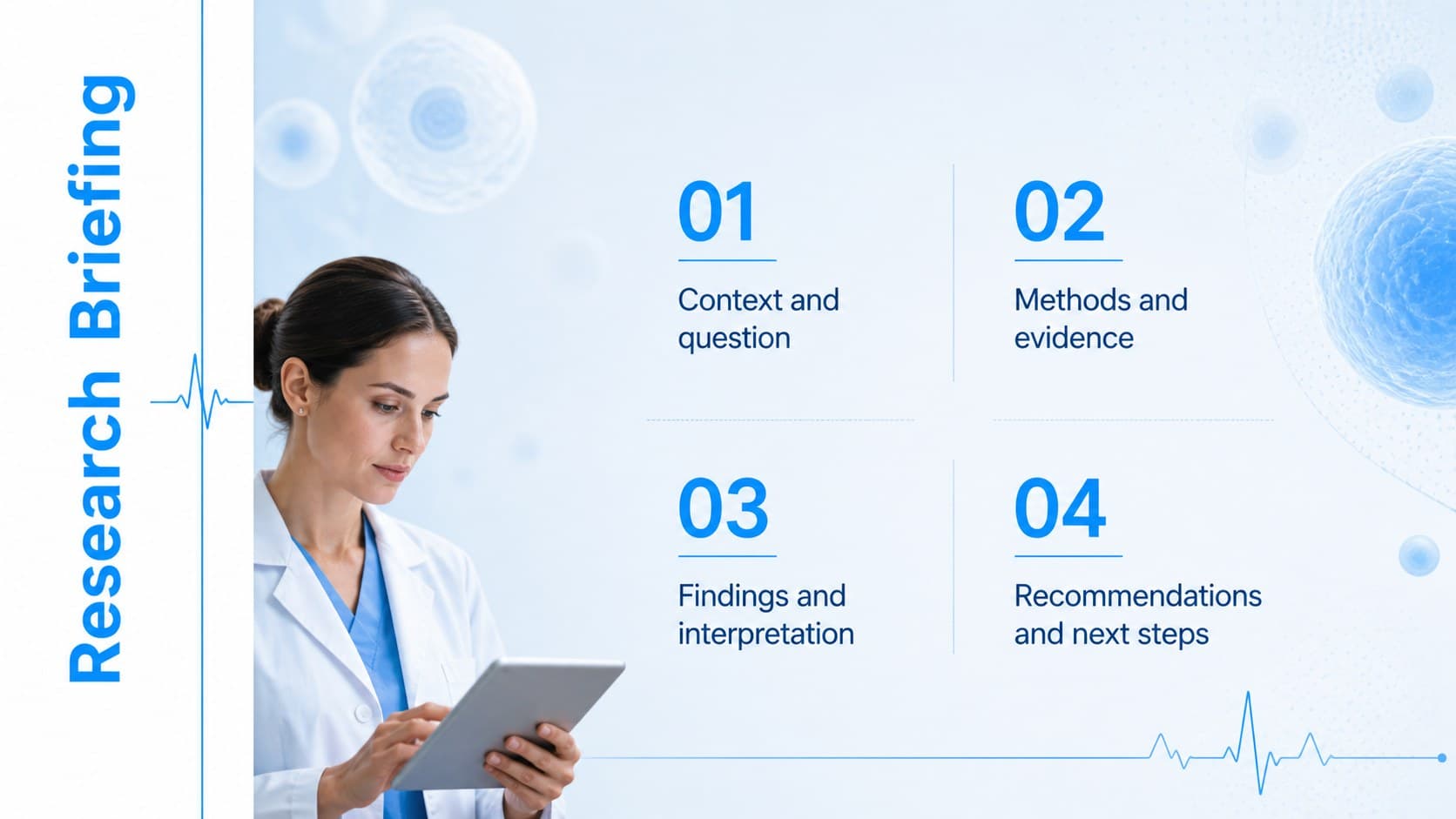 Agenda layout for a medical research presentation theme covering evidence, methods, findings, and next steps.