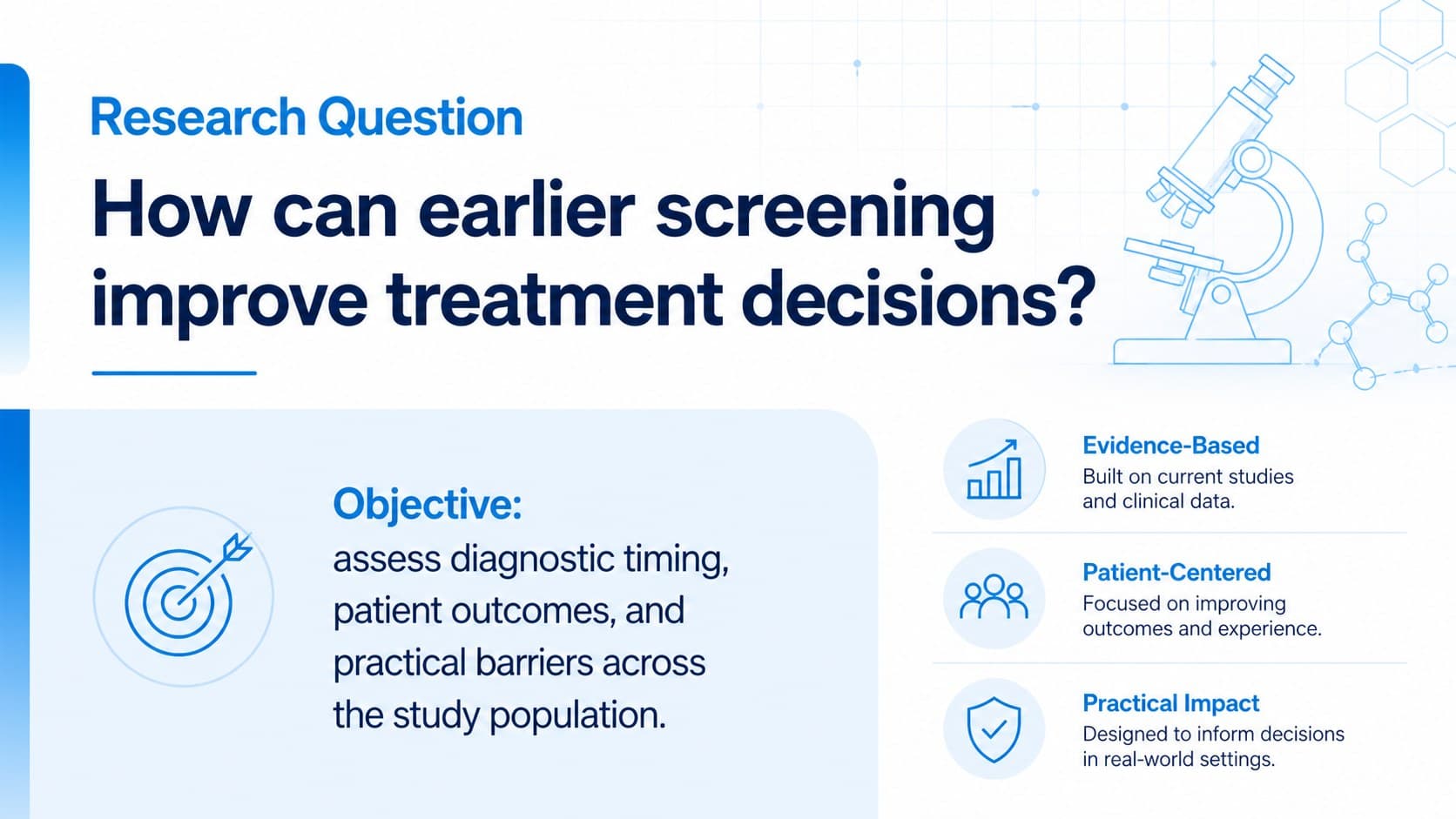 Clinical research overview slide with a study question, objective, and evidence summary in a blue medical layout.