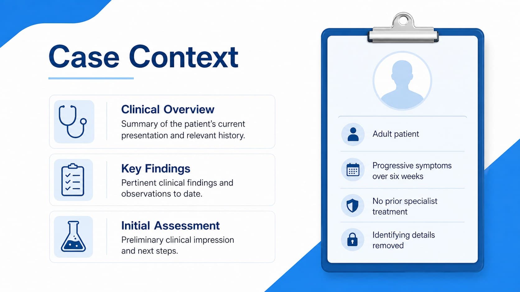 Medical case report slide deck layout presenting patient context and three anonymized clinical facts.