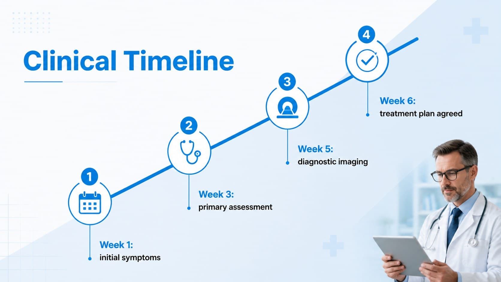 Blue and white medical slide showing a four-stage symptom and assessment timeline.
