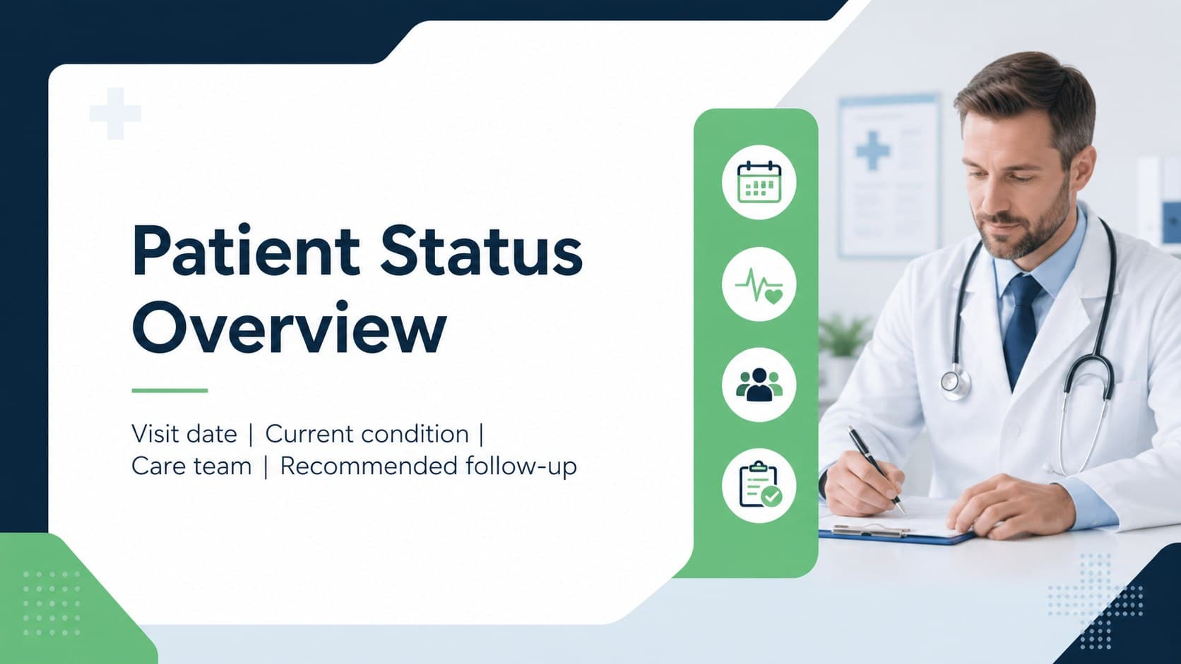 Patient information slide showing organized clinical details for a medical status note presentation.