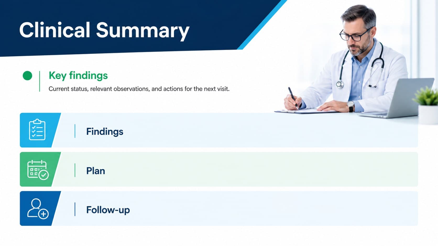 Clinical summary slide with structured findings and recommendations in a modern medical presentation theme.