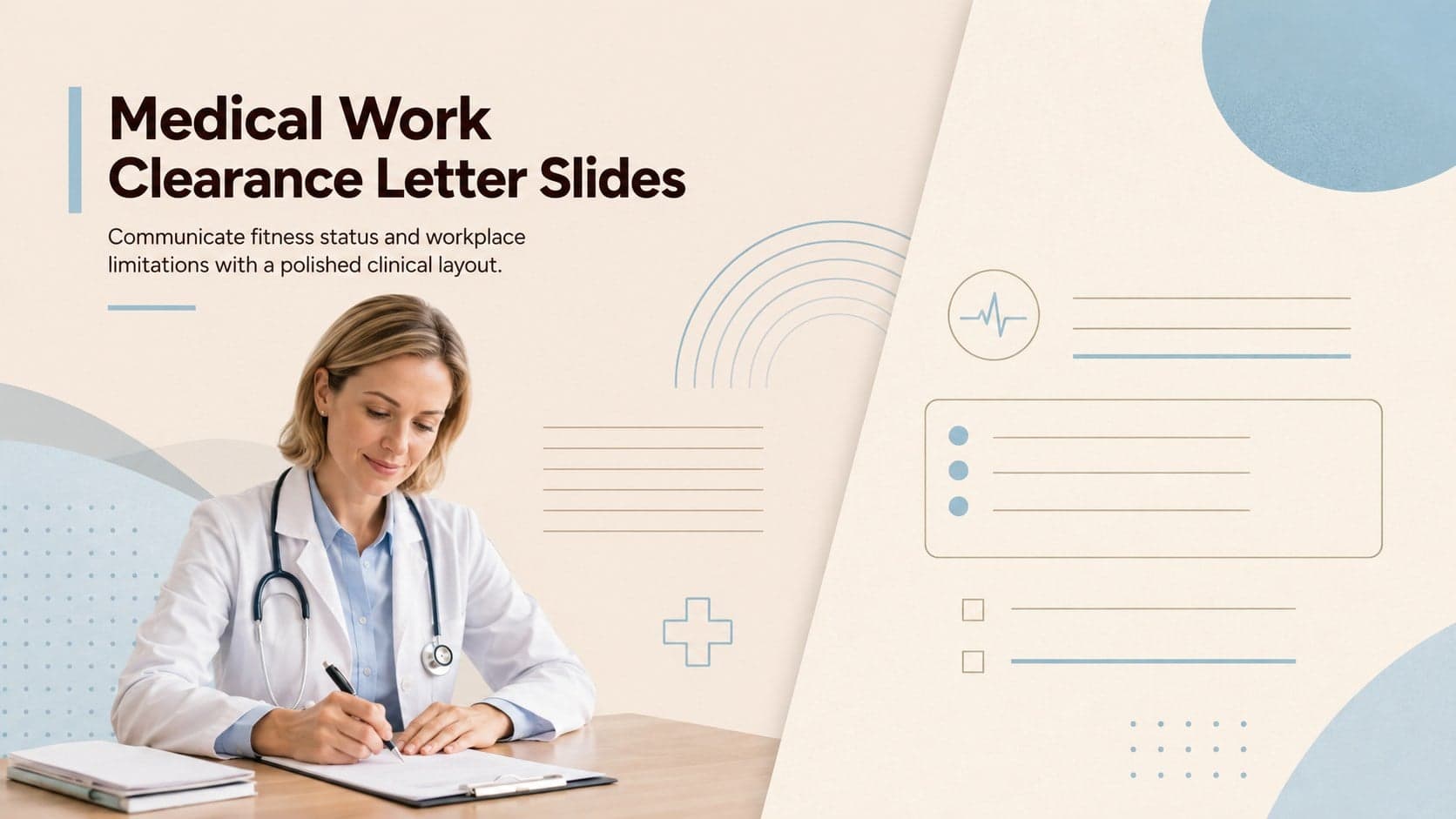 Cover for Medical Work Clearance Letter Slides in a minimalist beige, blue, and brown clinical style.