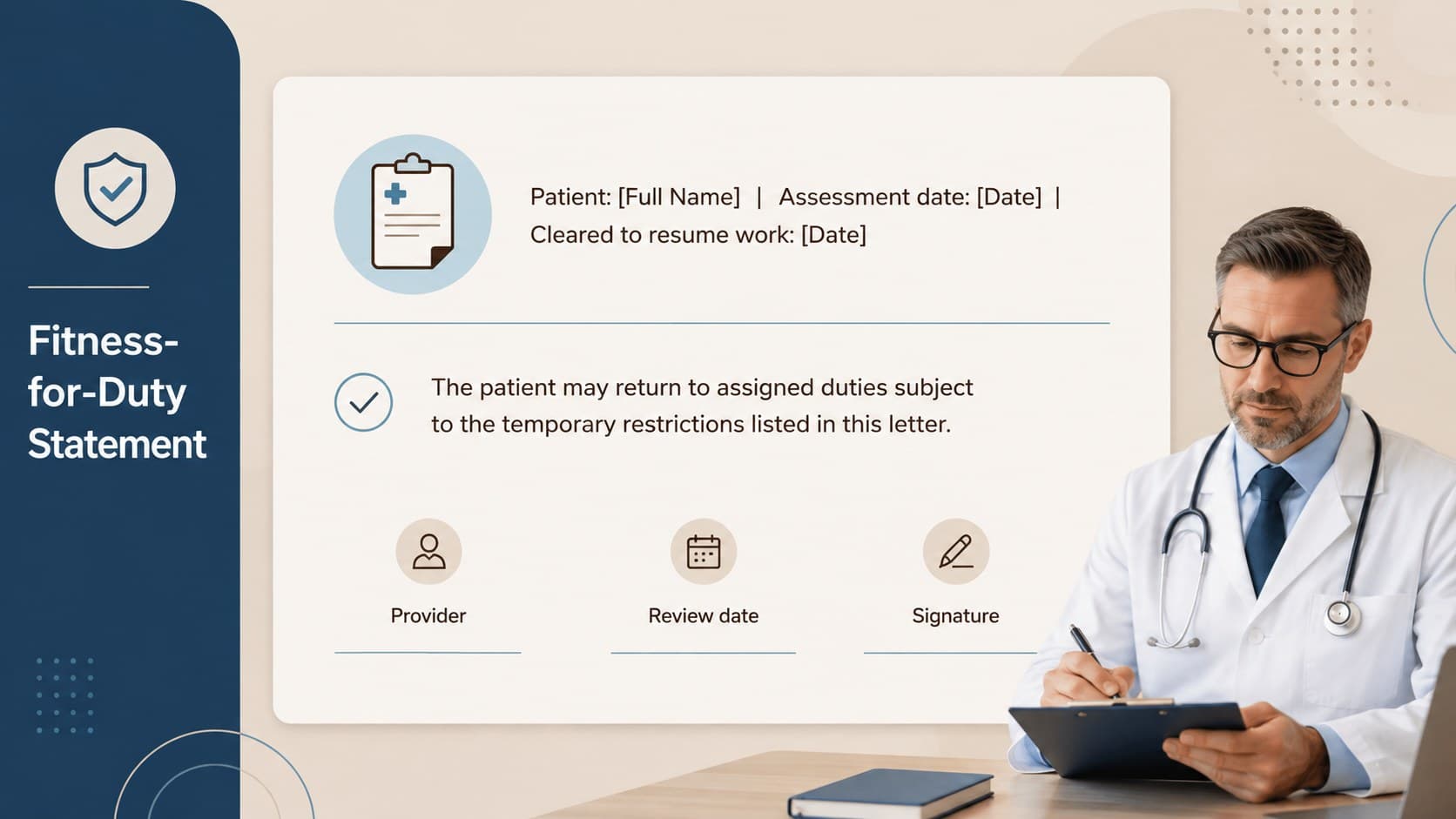 Editable work restrictions letter slide with clearance status, return date, and provider information fields.