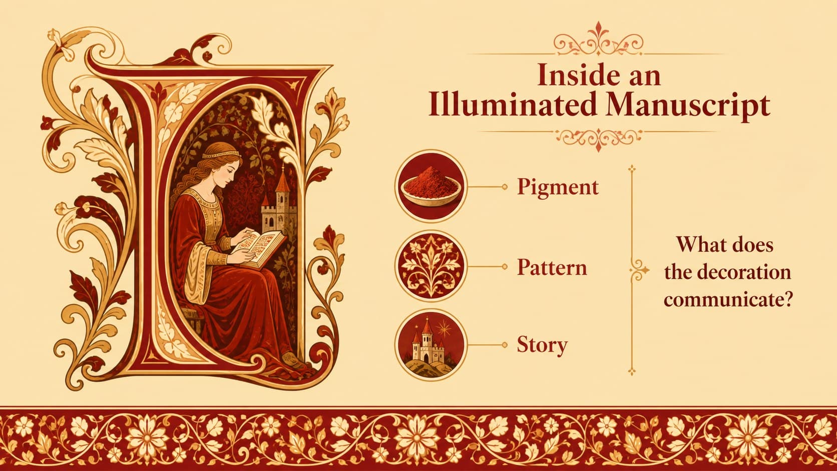 Illuminated manuscripts lesson slide showing visual details and classroom prompts.