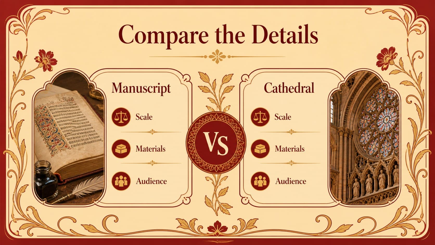 Medieval art comparison slide contrasting manuscript and architectural details.