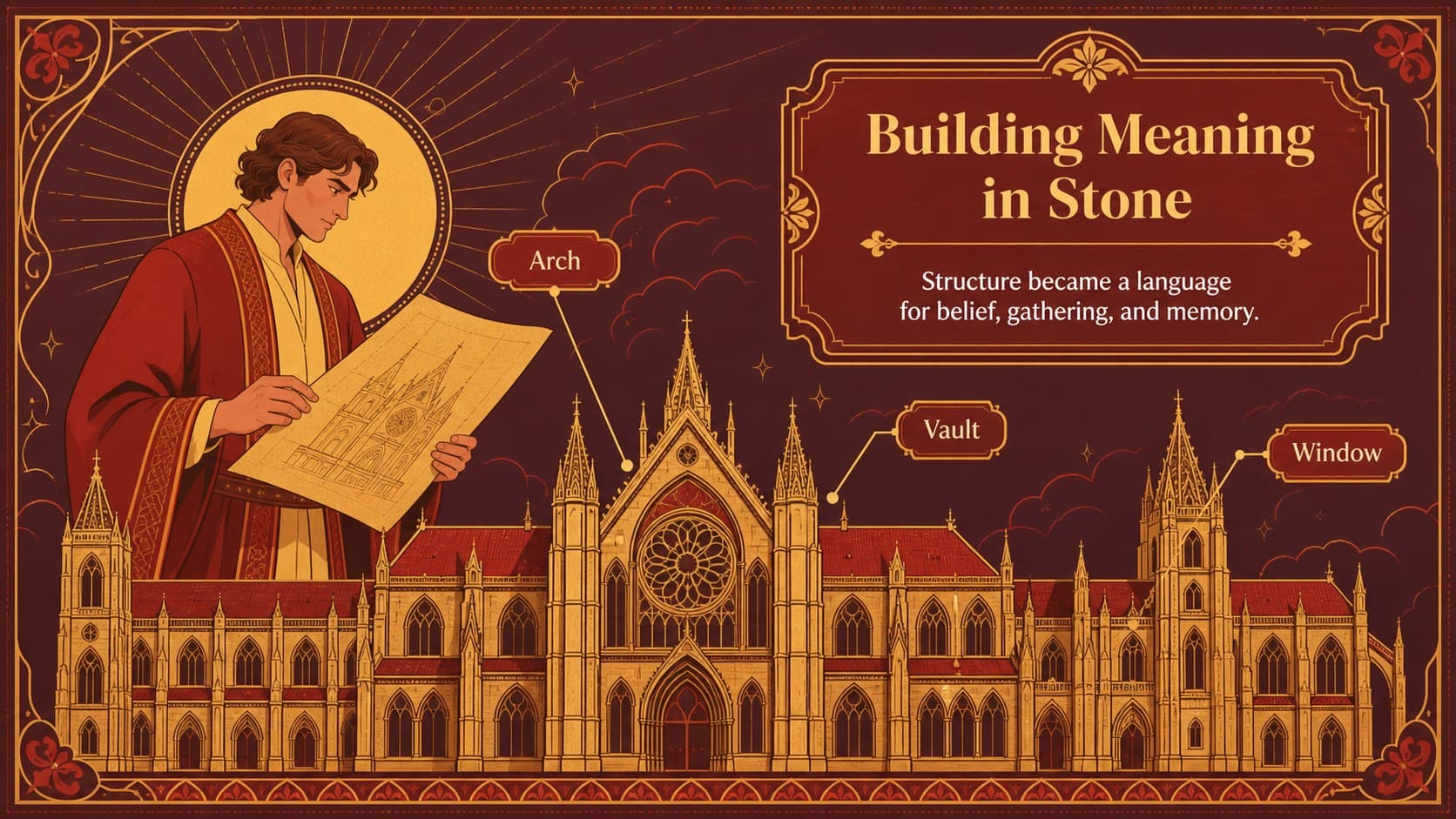 Medieval architecture teaching slide featuring an illustrated stone cathedral facade.