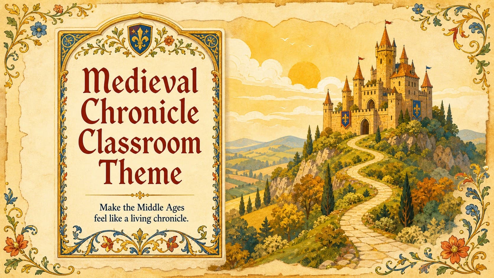 Cover of the Medieval Chronicle Classroom Theme with warm yellow parchment artwork and an original medieval castle scene.