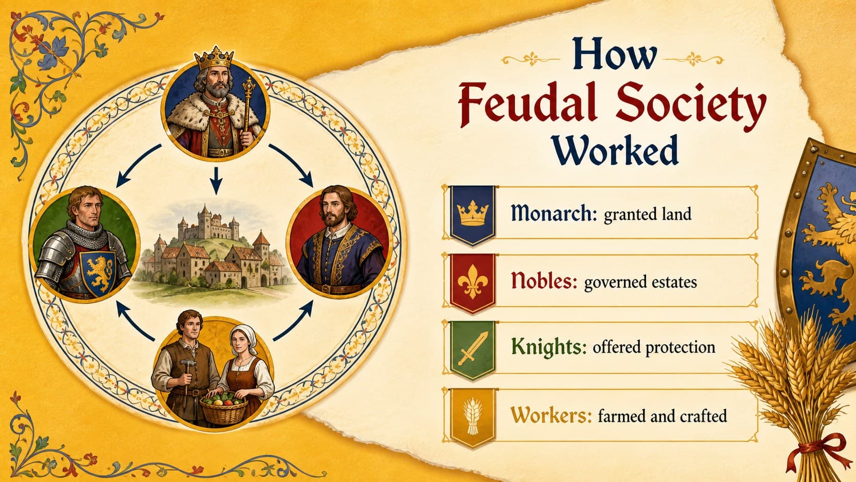 Feudal Europe teaching slide with an illustrated social structure diagram on warm yellow parchment.