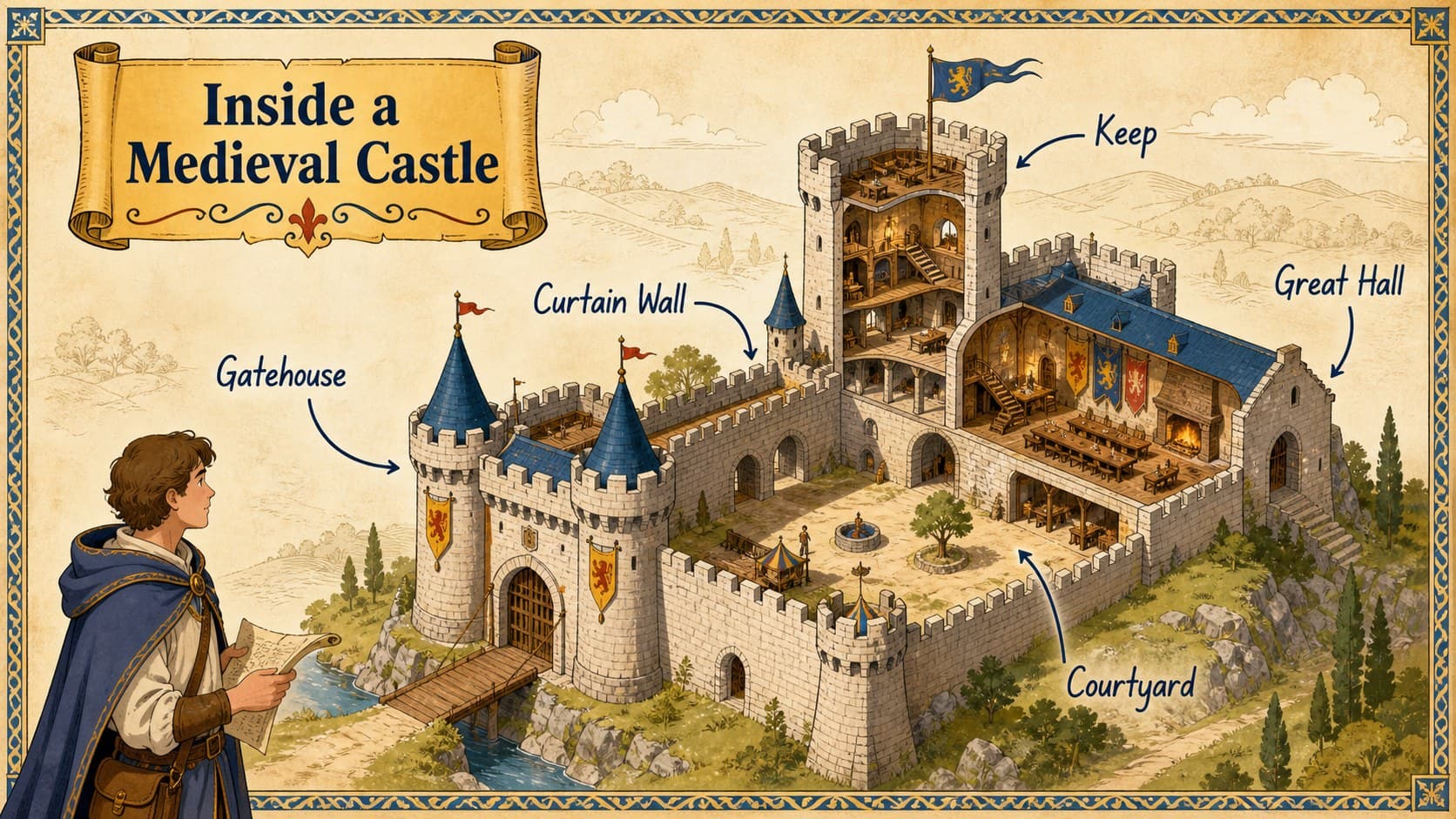 Medieval castle education slide labeling the keep, gatehouse, walls, and courtyard.