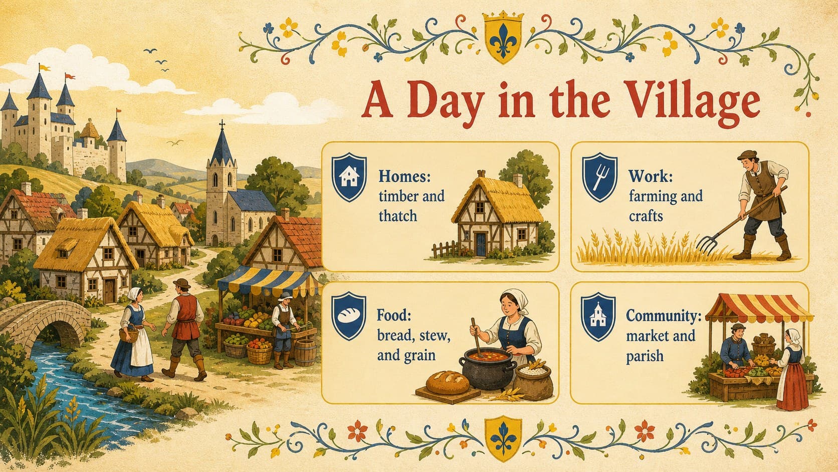 Medieval village classroom slide comparing homes, work, food, and community life.