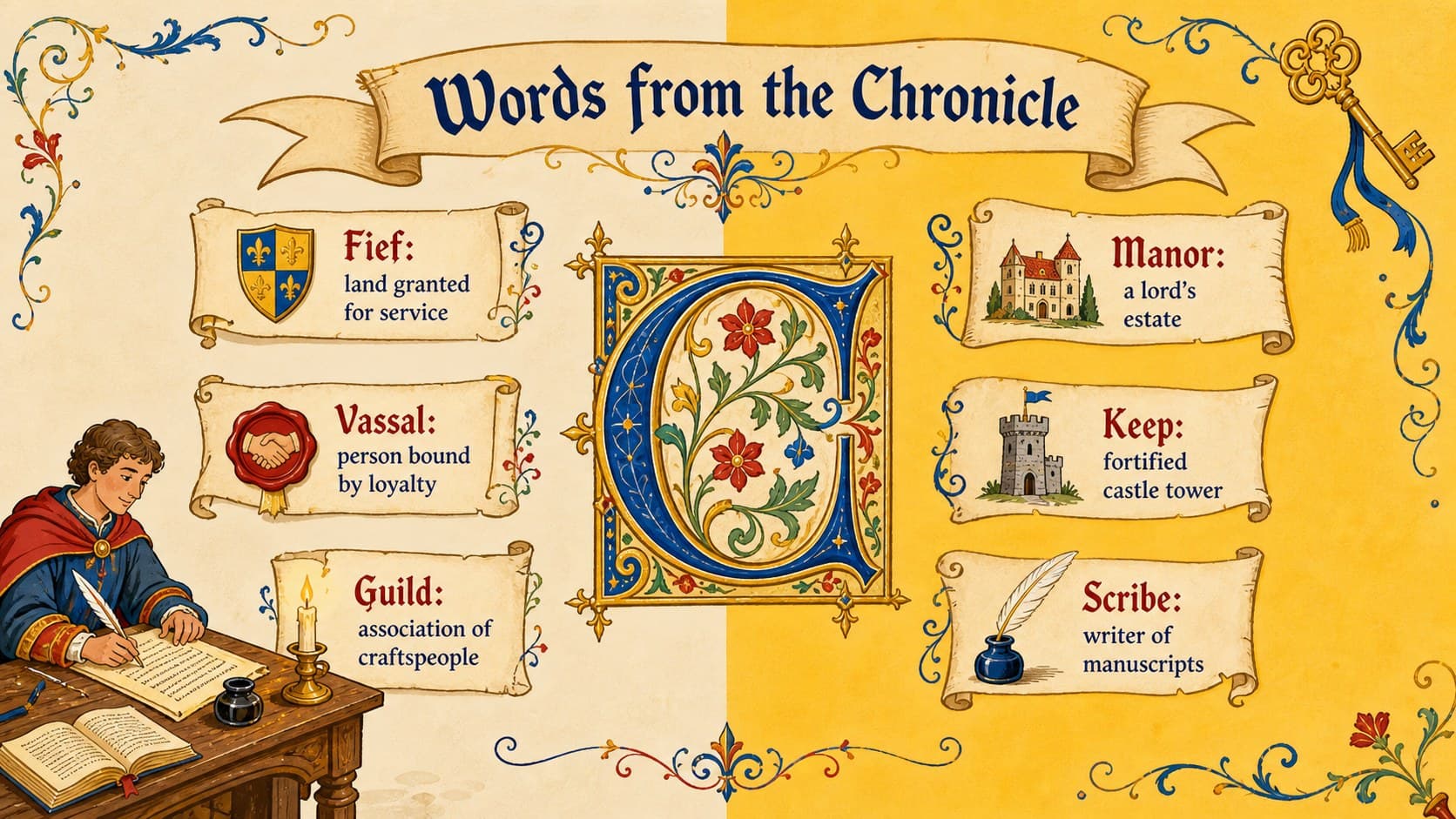 Illuminated manuscript slide theme featuring medieval vocabulary in decorative scroll panels.