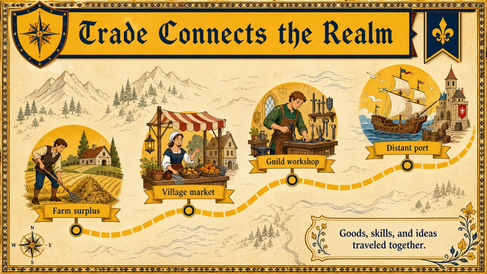 Medieval trade route timeline with market, bridge, ship, and guild illustrations for a history lesson.