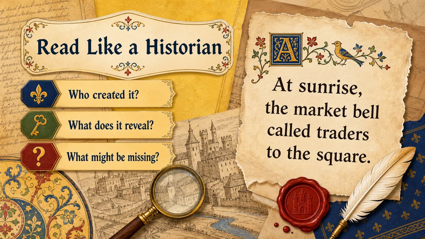 Historical source analysis slide with manuscript evidence prompts and an original quill illustration.
