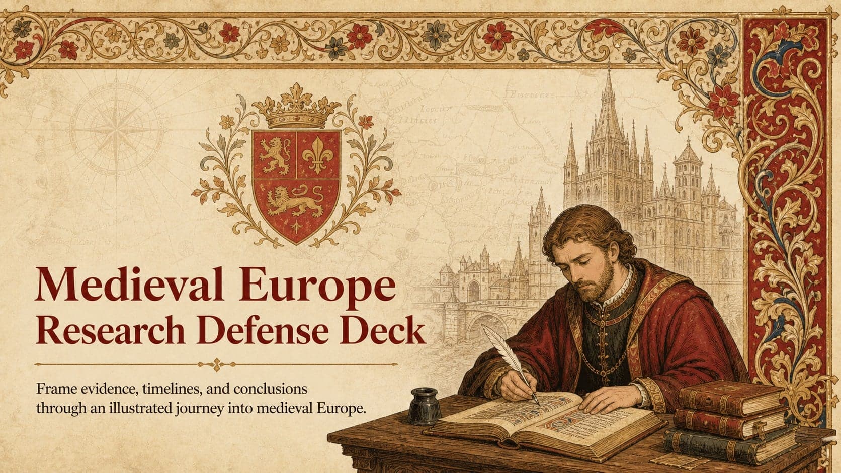 Cover of the Medieval Europe Research Defense Deck with illuminated manuscript motifs and warm parchment styling.