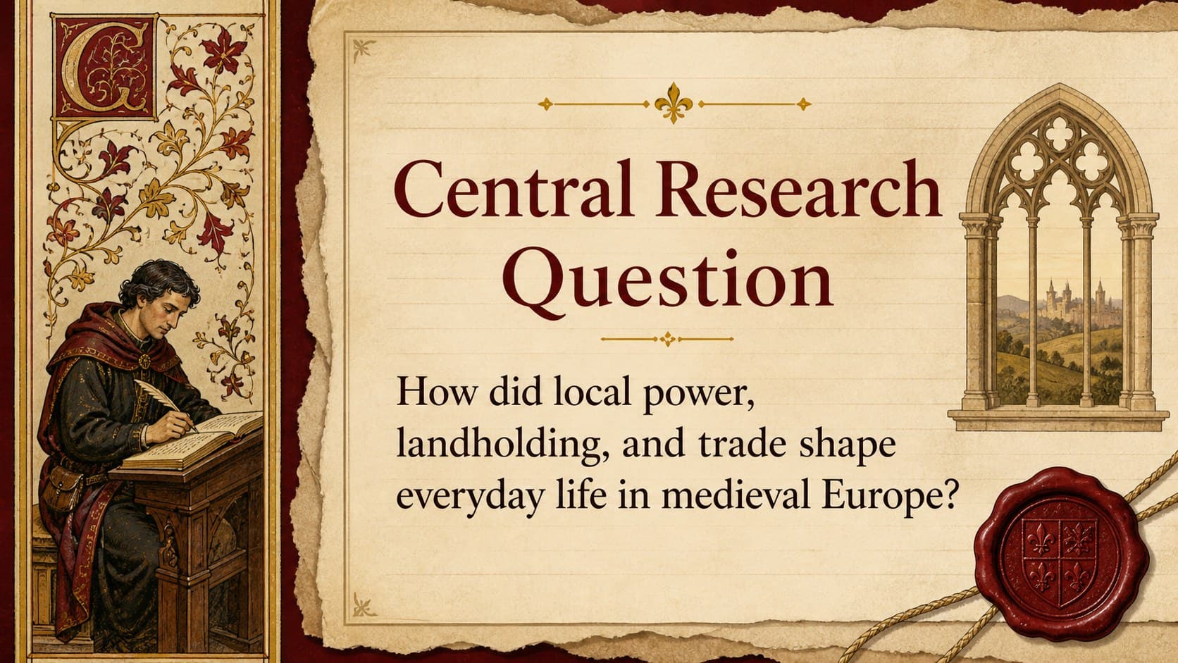 Medieval Europe classroom slide presenting a central research question beside manuscript-inspired illustrations.