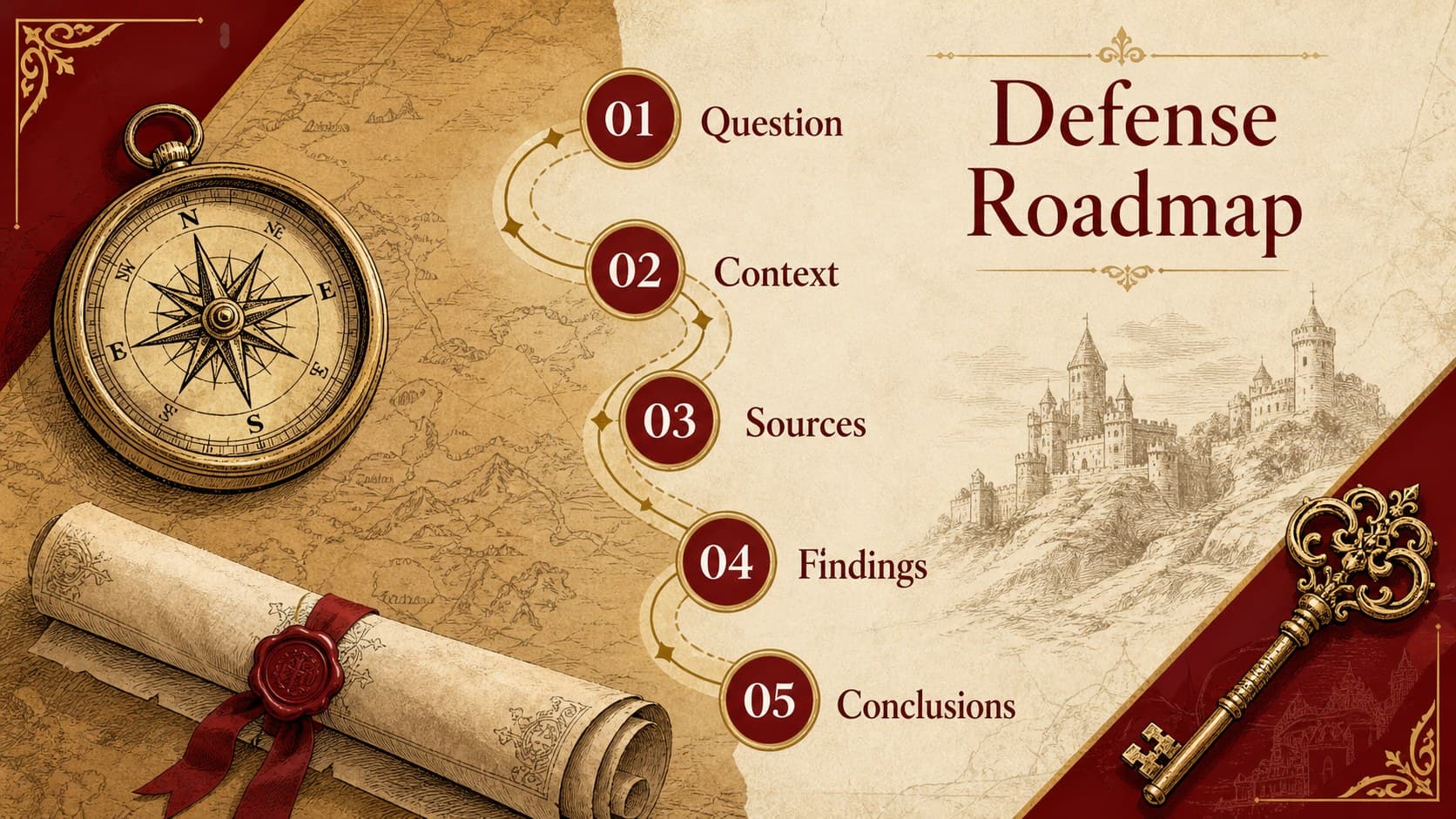 Vintage parchment research deck agenda showing five stages of a medieval history defense.