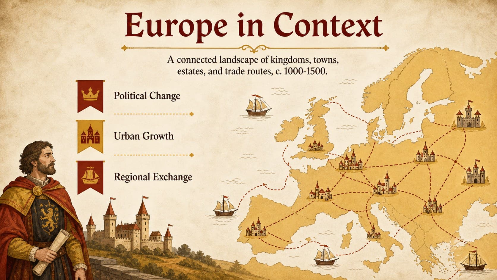 High school medieval studies presentation slide summarizing historical context with a map and date markers.