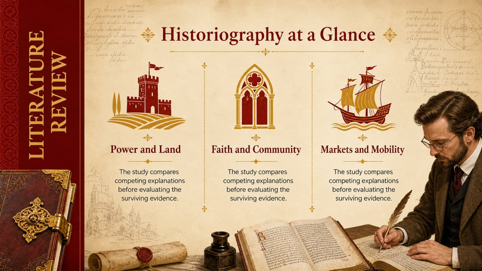 Medieval thesis defense presentation template slide comparing three historical interpretations.