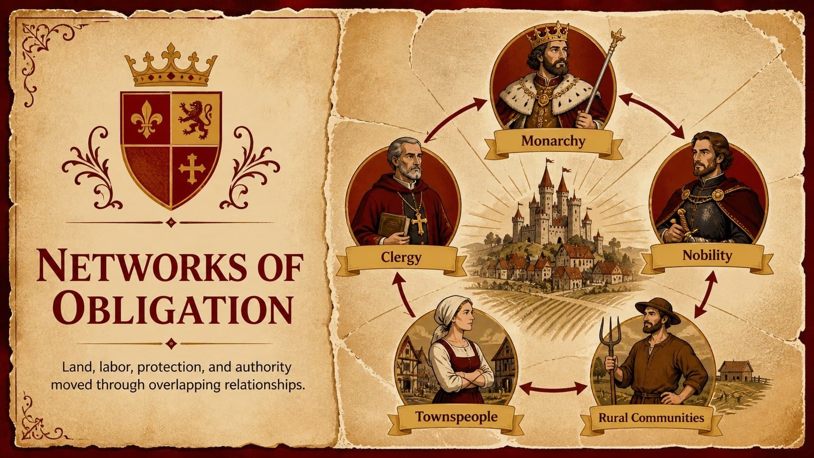 Feudal society timeline slide displaying social groups and reciprocal obligations in medieval Europe.