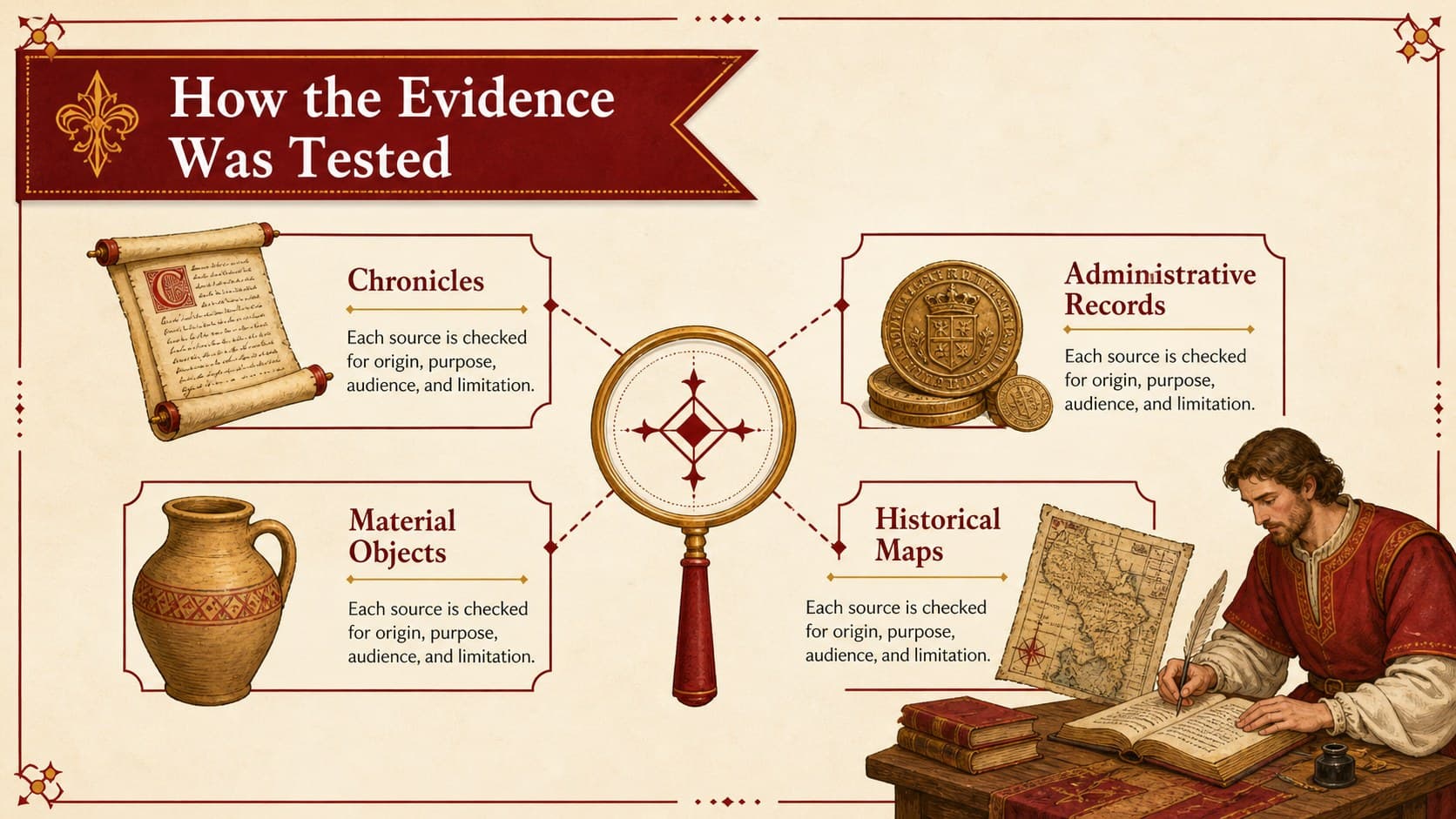 Medieval Europe research methods slide organizing chronicles, records, artifacts, and maps.
