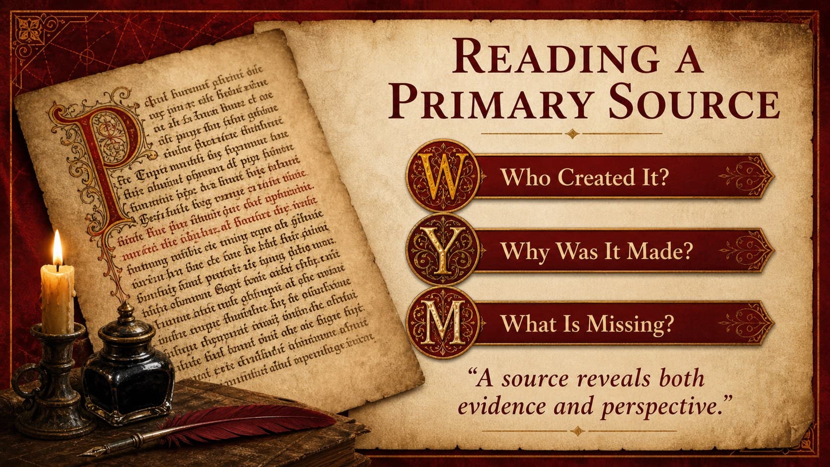 Illuminated manuscript presentation theme slide examining a primary source excerpt and its limitations.