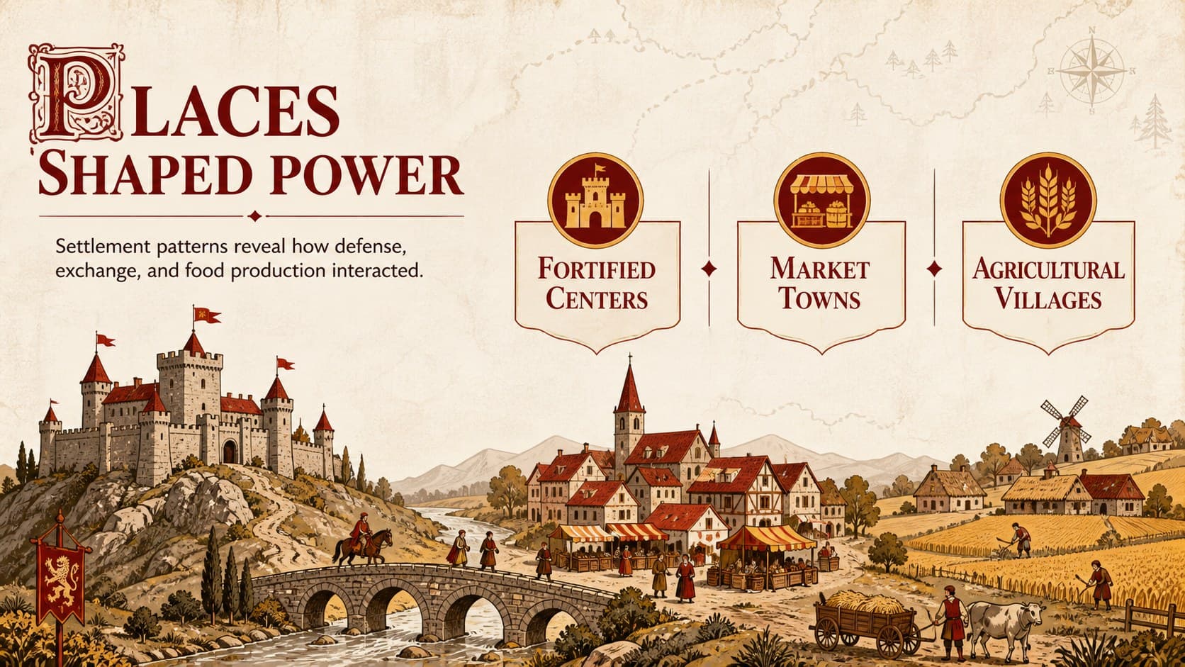 Illustrated medieval Europe classroom slide explaining how castles, towns, and villages shaped settlement.